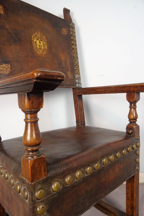 Italian Walnut and Leather Throne Armchair (12).JPG